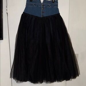 Anthropologie Blue Denim and Black Tulle A-Line Skirt